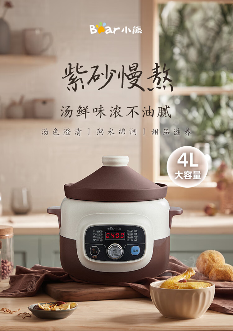 小熊（Bear）电炖锅 DDG-D40B1煲汤锅炖汤锅 电砂锅 紫砂锅 大容量煮粥锅电汤锅炖盅燕窝电炖盅4L