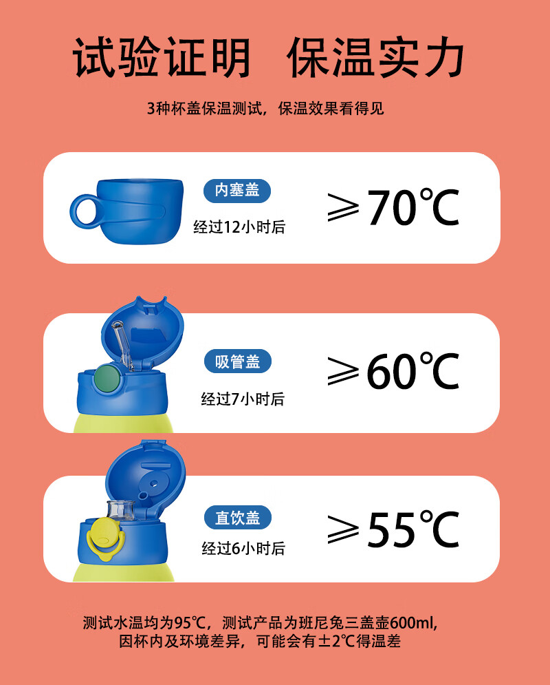 班尼兔三盖儿童保温杯316钢无缝保温吸管杯600mlBNT-6675咖色