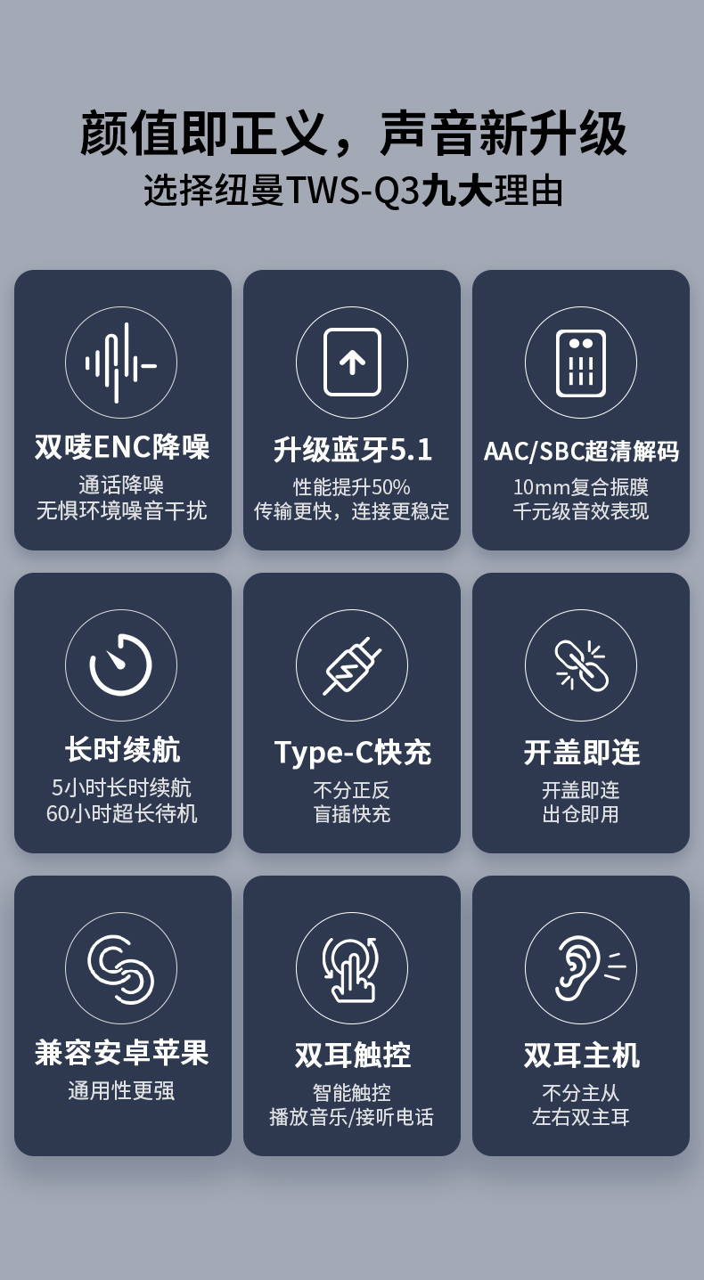 纽曼(Newsmy) Q3蓝牙耳机 真无线半入耳式音乐耳机 适用苹果华为小米oppo 运动降噪耳麦 白色