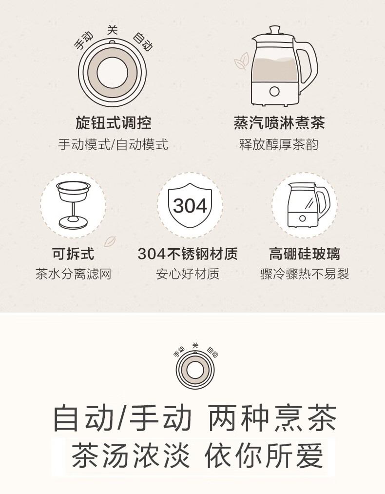 小熊（Bear）煮茶器 养生壶 蒸汽喷淋式 玻璃加厚黑茶煮茶壶 小型迷你办公室蒸茶器 电热烧水壶 ZCQ-A10X1