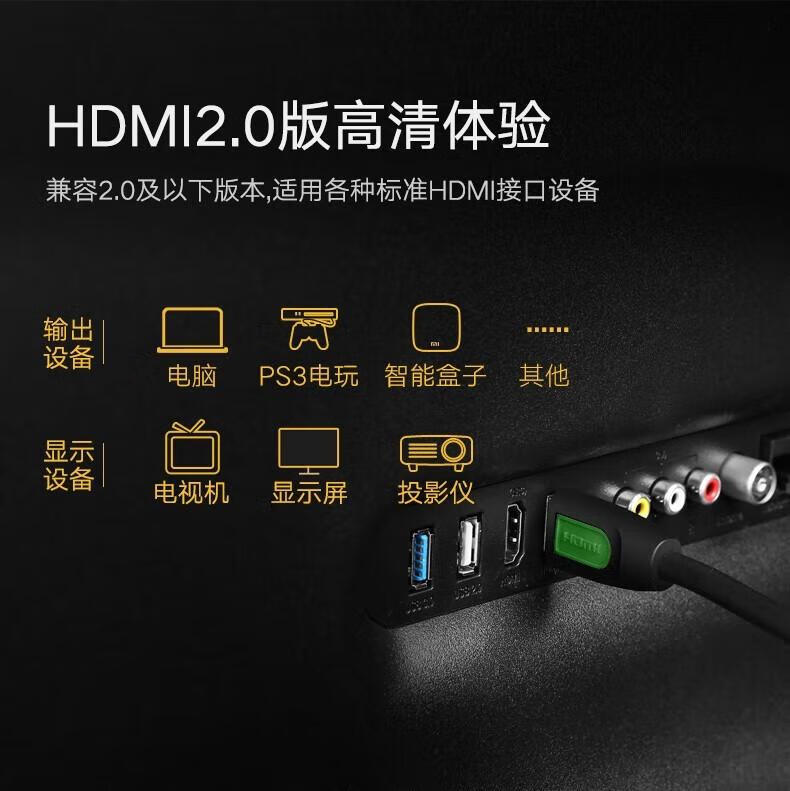 绿联 hdmi高清线 2.0版笔记本电视机投影仪连接线 HD101 绿头圆线 5米 40464