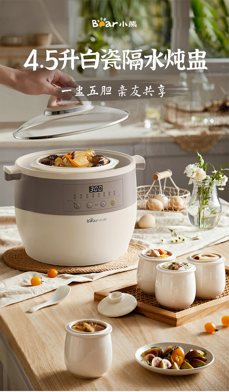 小熊（Bear）电炖锅DDZ-B45B2 电炖盅   白瓷炖锅 家用陶瓷电砂锅隔水炖 煮粥养生锅一锅5胆