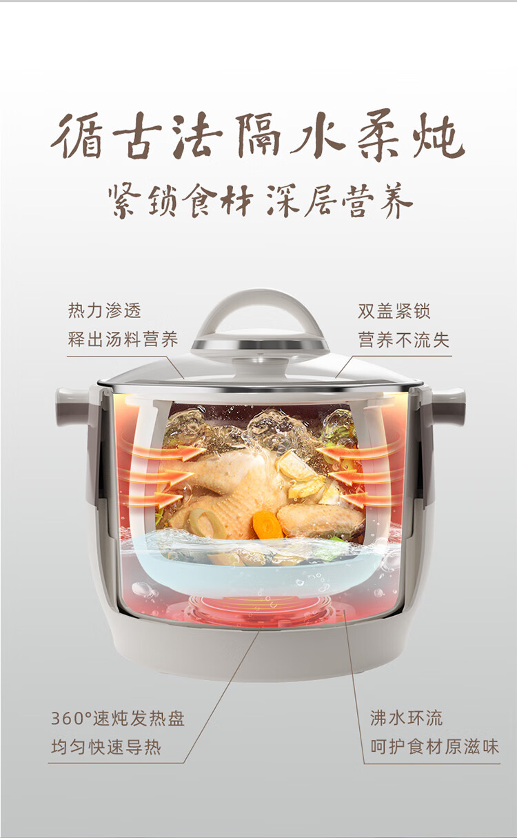 小熊（Bear）电炖锅DDZ-B45B2 电炖盅   白瓷炖锅 家用陶瓷电砂锅隔水炖 煮粥养生锅一锅5胆