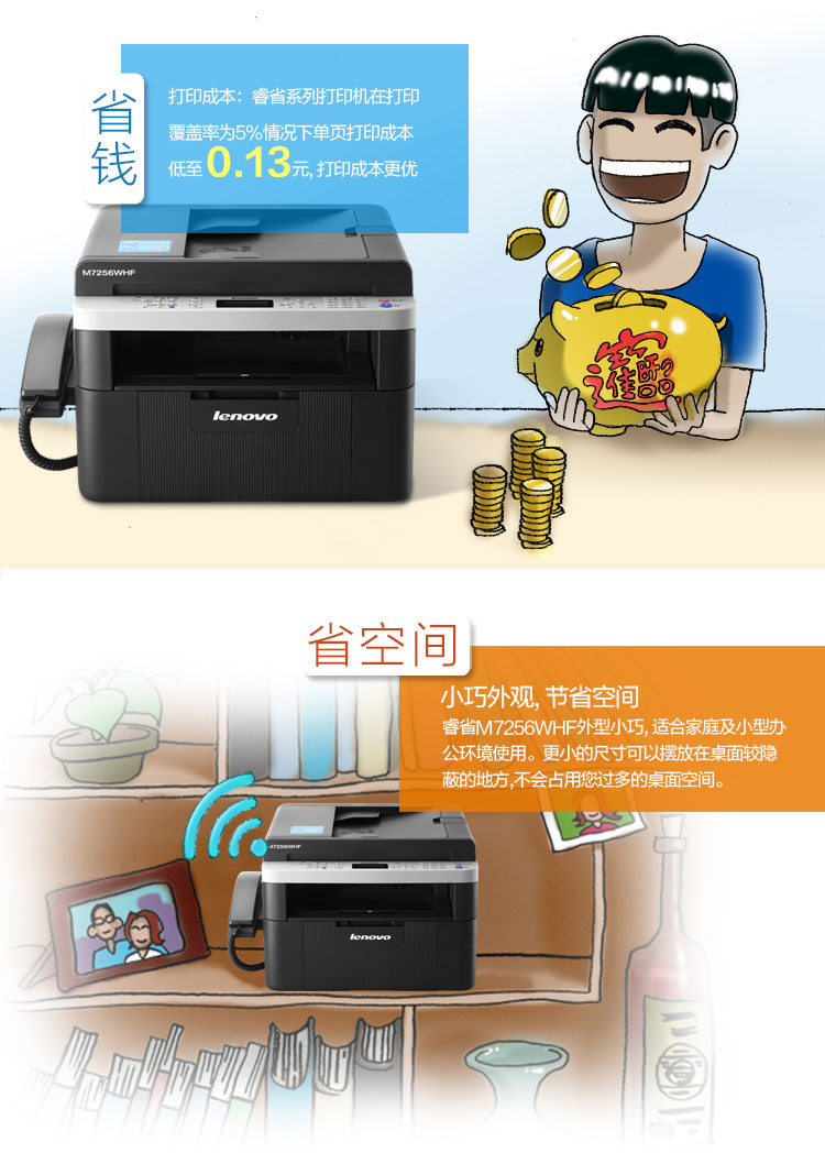 联想（Lenovo）M7256WHF黑白激光无线WiFi打印多功能一体机商用办公家用 (打印 复印 扫描 传真)