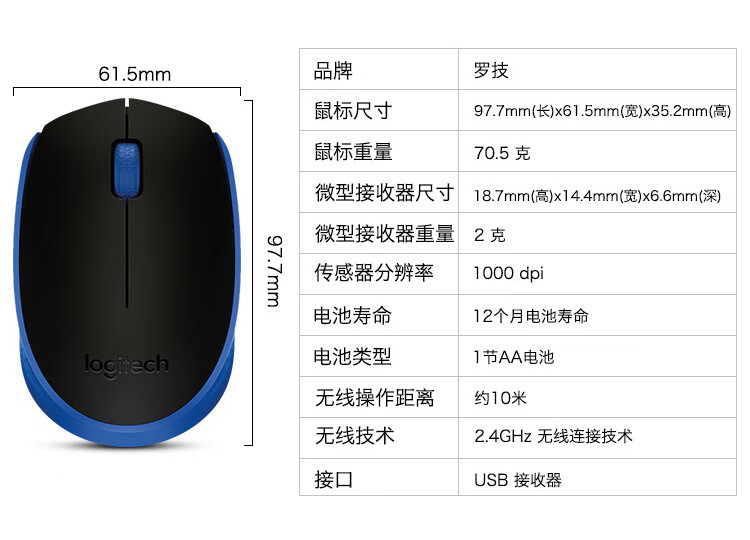 罗技（Logitech）M171 无线办公鼠标 家用商务对称鼠标 带无线2.4G接收器 红色