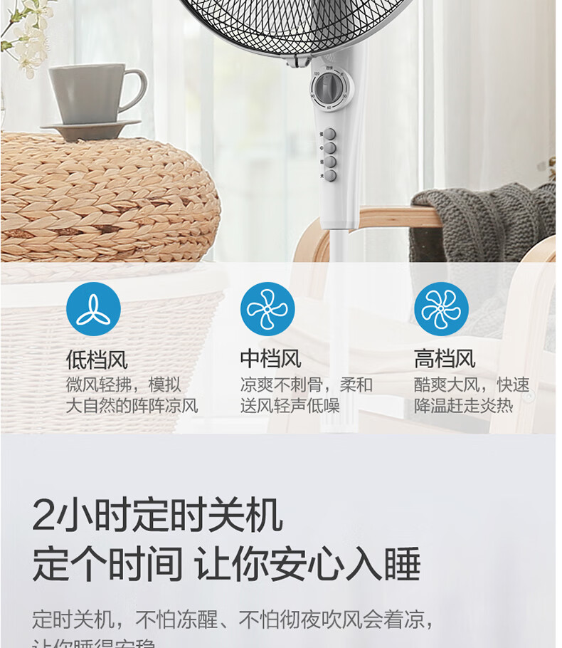 美的（Midea）电风扇 3叶3档落地扇家用 2小时定时 摇头广角送风宿舍机械式电风扇 白色 FSA40YE