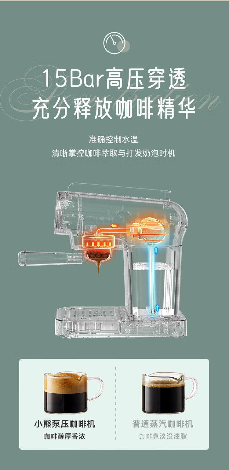 小熊（Bear）咖啡机 KFJ-B12X1  家用复古意式泵压式    15Bar高压喷射可打奶泡1.2升大容量水箱