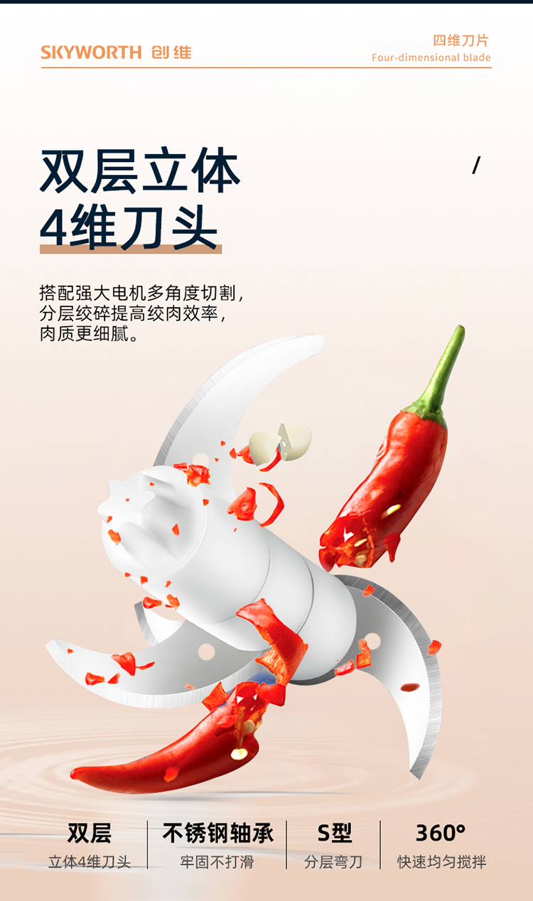 创维（Skyworth）绞肉机 家用料理辅食电动绞馅机 小电器多功能不锈钢搅打肉机P407