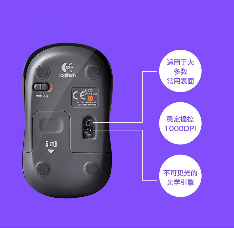 罗技（Logitech）M325 鼠标 无线鼠标 办公鼠标 对称鼠标 优联 带无线2.4G接收器黑色