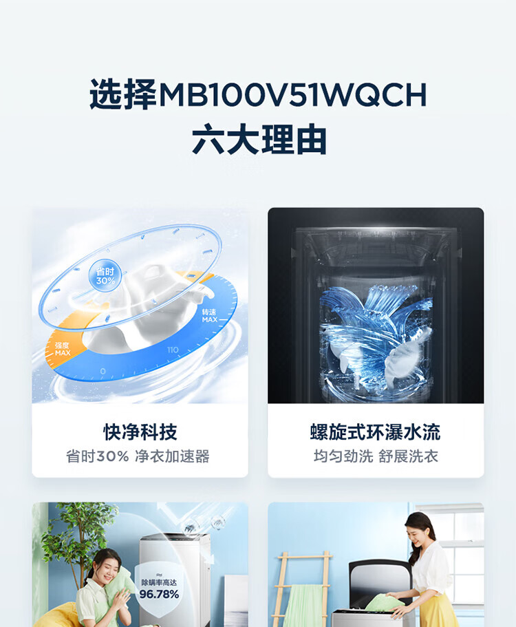 美的（Midea）波轮洗衣机全自动 10公斤免清洗 快净双水流 智能家电 快净系列 MB100V51WQCH