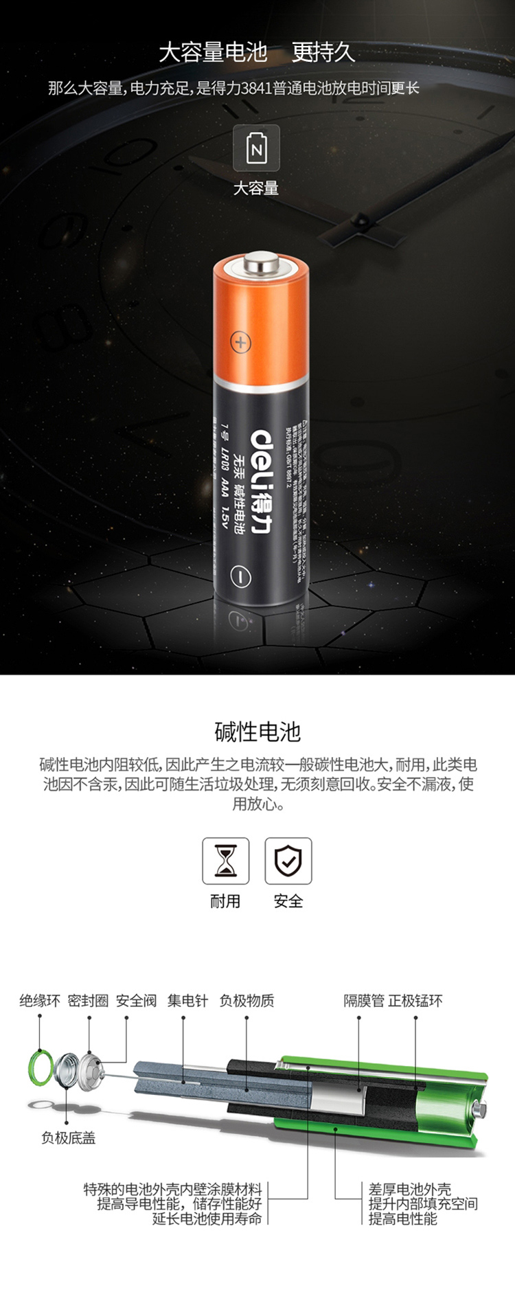 得力 (deli) 电池碱性7号安全耐用干电池10粒/盒 18506 1盒装