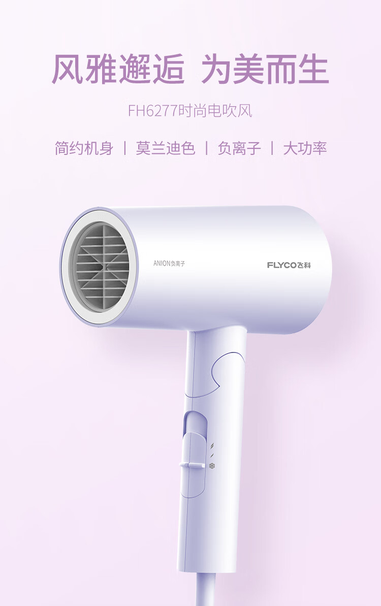 飞科（FLYCO)电吹风机 便携负离子 家用宿舍学生大功率深度养发吹风筒 可折叠 FH6277 典雅紫