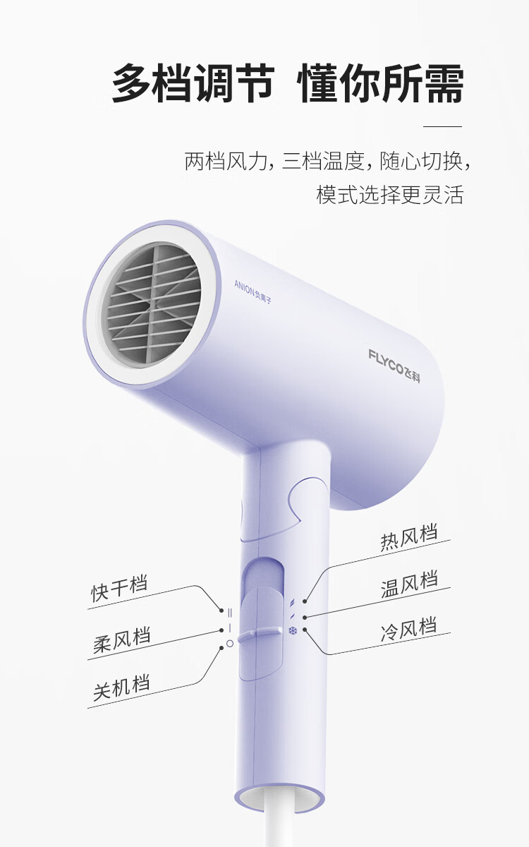 飞科（FLYCO)电吹风机 便携负离子 家用宿舍学生大功率深度养发吹风筒 可折叠 FH6277 典雅紫
