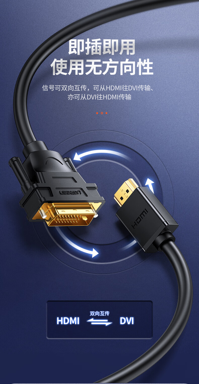 绿联 10135 HDMI转DVI转换线 DVI转HDMI 4K60Hz双向互转视频线 圆线 2米 两条装