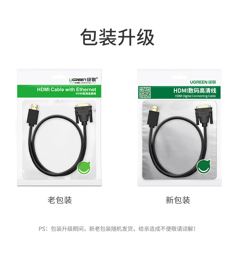 绿联 10135 HDMI转DVI转换线 DVI转HDMI 4K60Hz双向互转视频线 圆线 2米 两条装