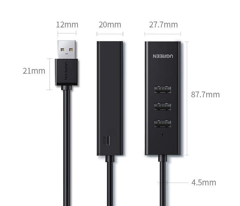 绿联 80335 USB分线器2.0 4口HUB集线器扩展坞 笔记本电脑一拖四转换器多接口延长线带供电口 1米