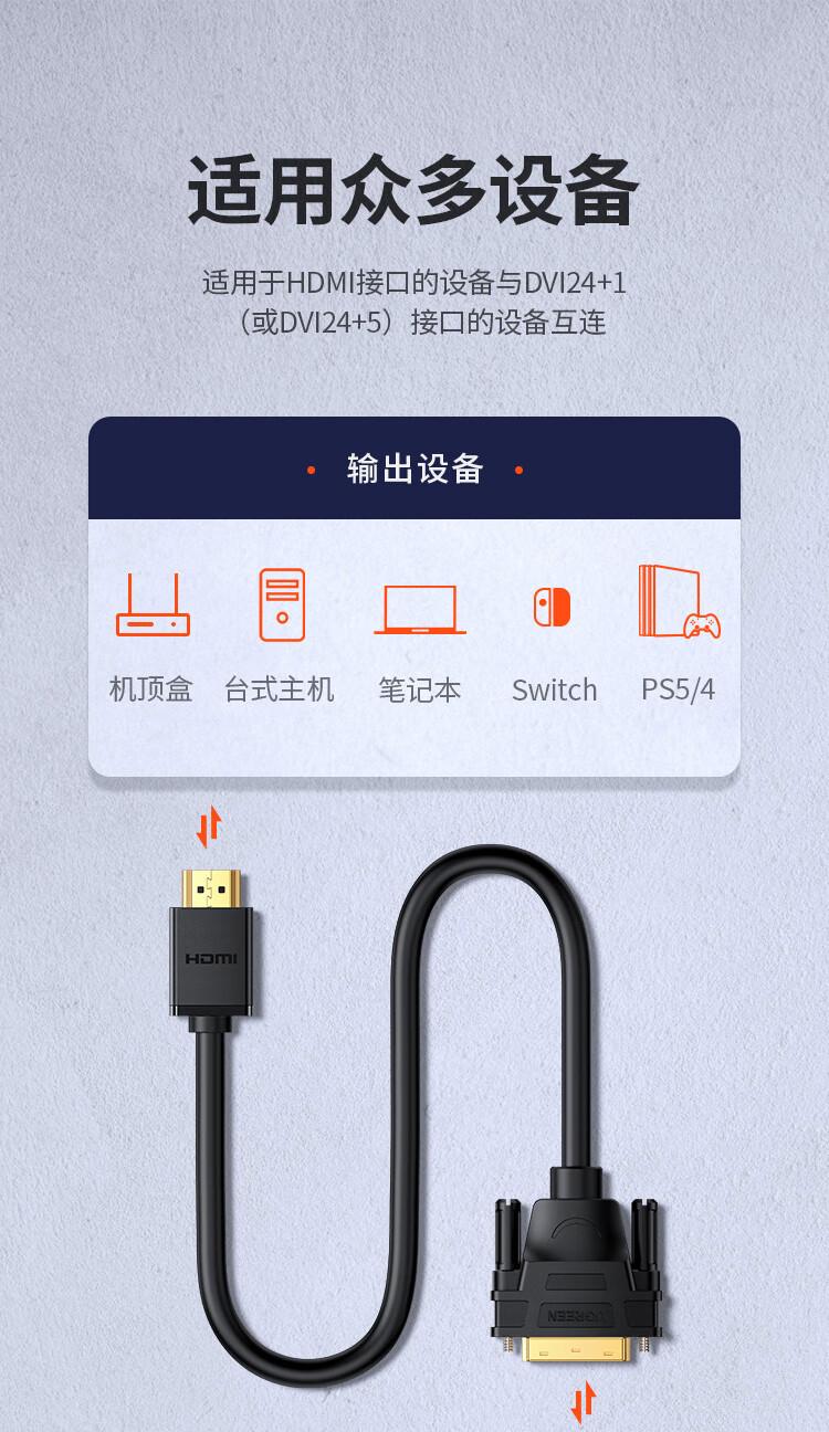 绿联 30106 HDMI转DVI转换线 DVI转HDMI 4K60Hz高清线双向互转视频线 2米