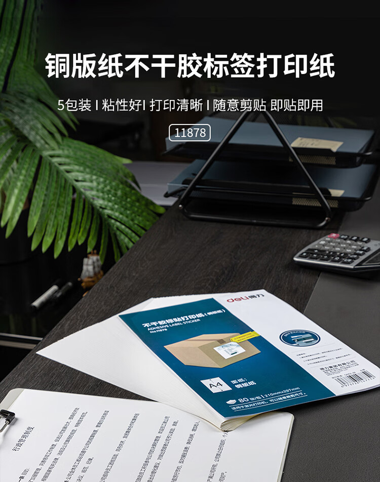 得力（deli）A4不干胶标贴打印纸 带背胶可粘贴标签纸 光面铜版纸 80张/包 11878