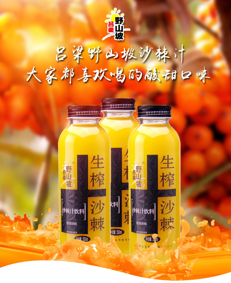 吕梁野山坡沙棘汁 果汁饮料圆瓶沙棘玻璃瓶装350ml 6瓶装