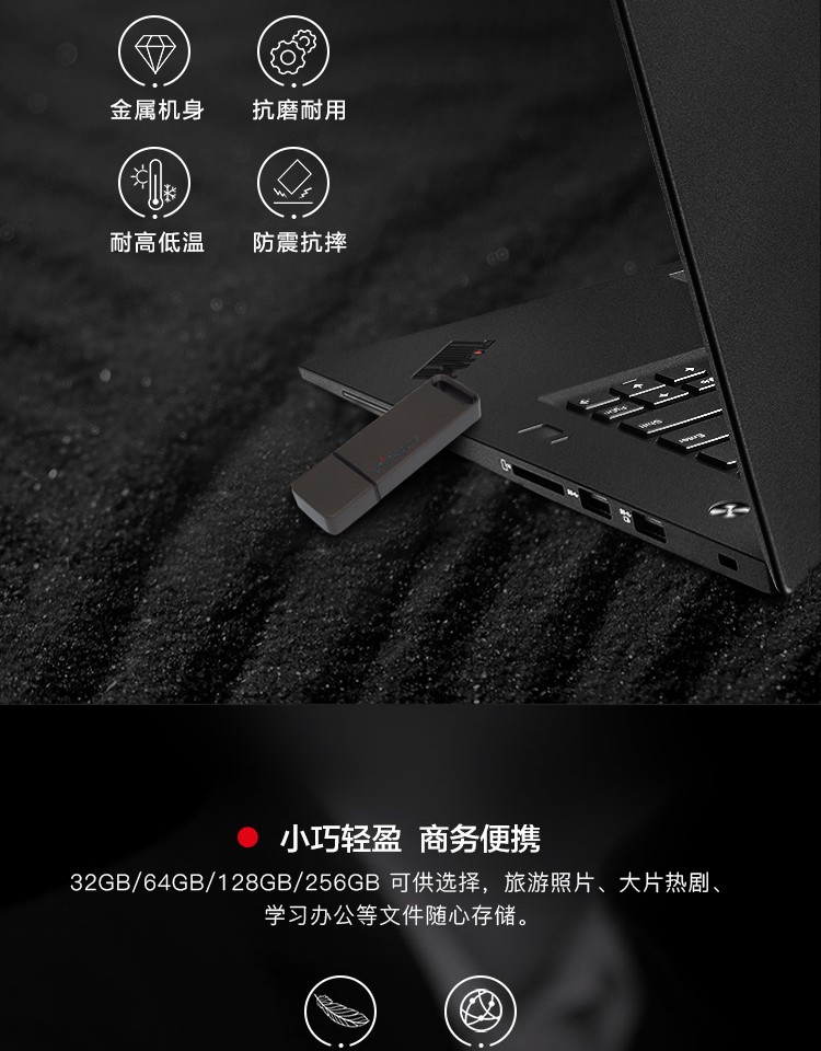 联想（thinkplus）64GB USB3.1高速传输U盘 移动闪存金属商务便携U盘 TU100 灰色