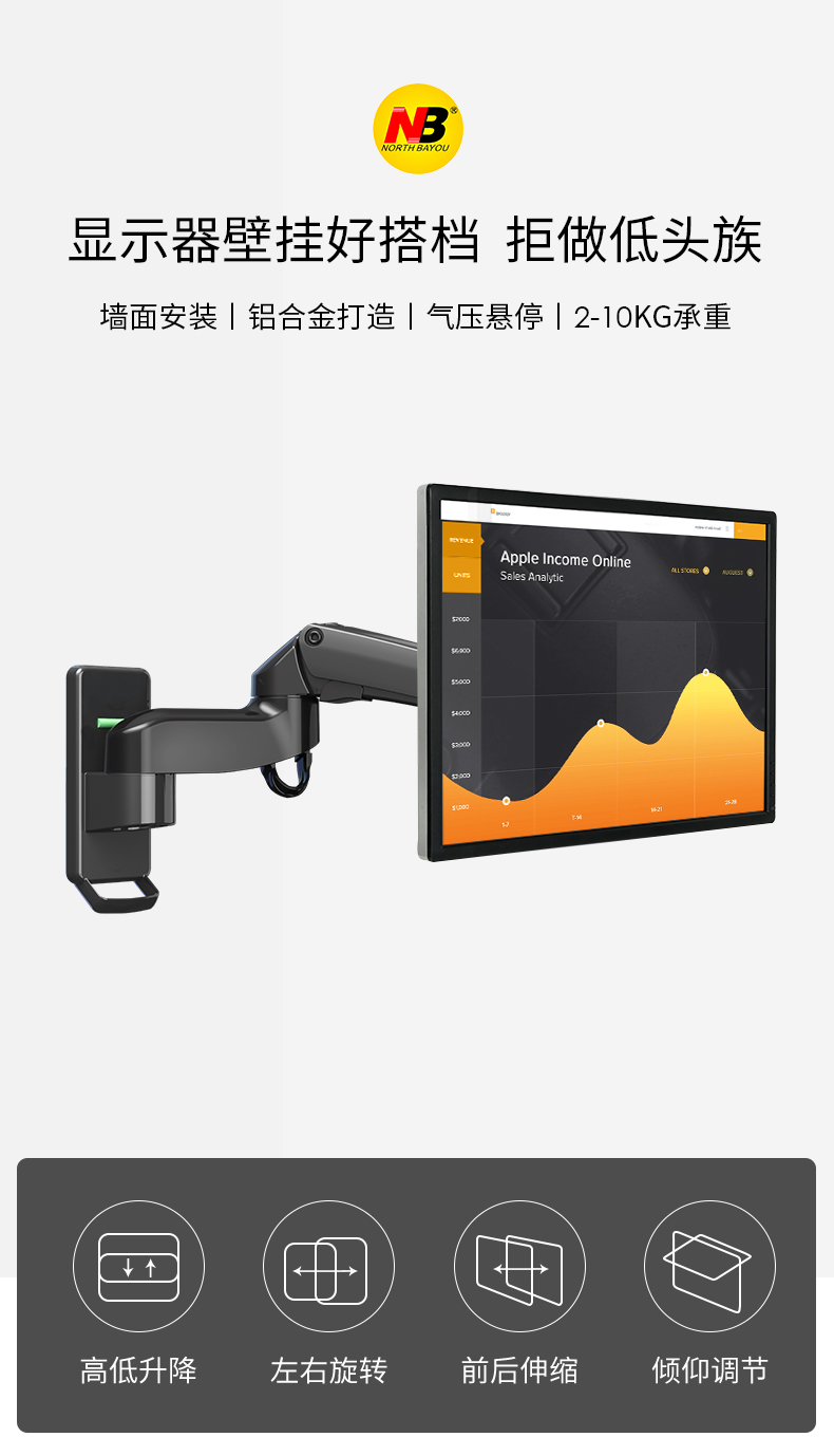 NBF150电脑显示器双臂支架通用挂墙壁挂架伸缩旋转气压可调节F30017-27英寸 F150承重2-7KG 黑色