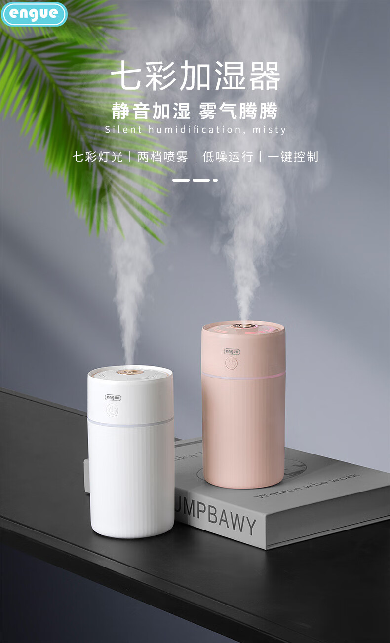 恩谷(engue)流光溢彩加湿器EG-020S 七彩灯光两档喷雾低噪运行断电保护 迷你便携白色