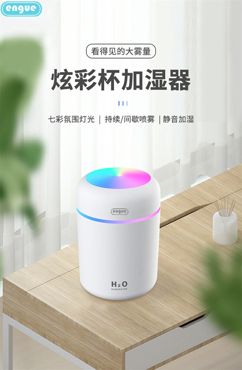 恩谷(engue)流光溢彩加湿器EG-020S 七彩灯光两档喷雾低噪运行断电保护 迷你便携白色