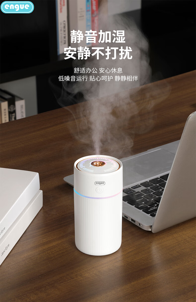 恩谷(engue)流光溢彩加湿器EG-020S 七彩灯光两档喷雾低噪运行断电保护 迷你便携白色