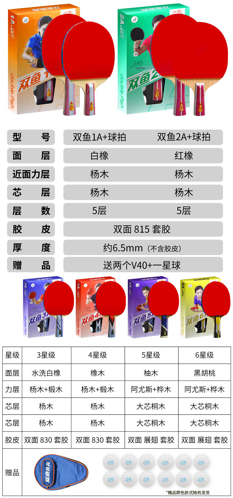 双鱼 乒乓球拍进攻型双面反胶成品拍娱乐训练用2A+乒乓球拍横拍单支