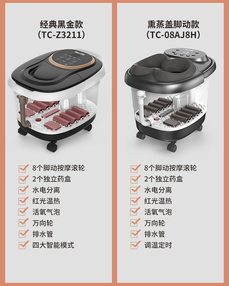 泰昌（Taicn）足浴盆脚动滚轮按摩洗脚盆泡脚桶气波按摩加热恒温家人熏蒸泡脚盆 TC-Z3211经典黑金款