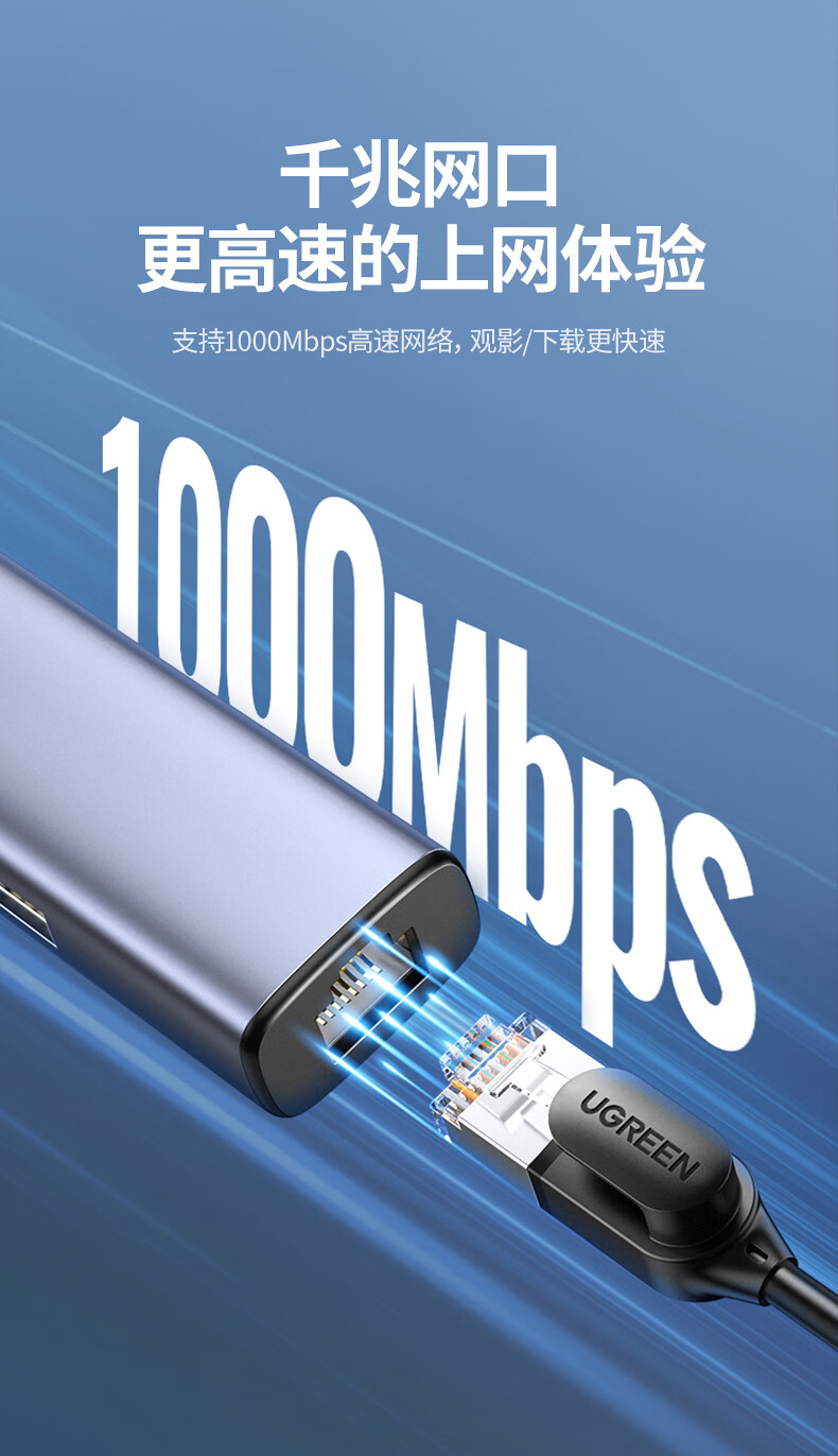 绿联 USB3.0转千兆网口扩展坞分线器转接头有线网卡RJ45接口转换器 适用苹果华为联想电脑拓展坞 20915