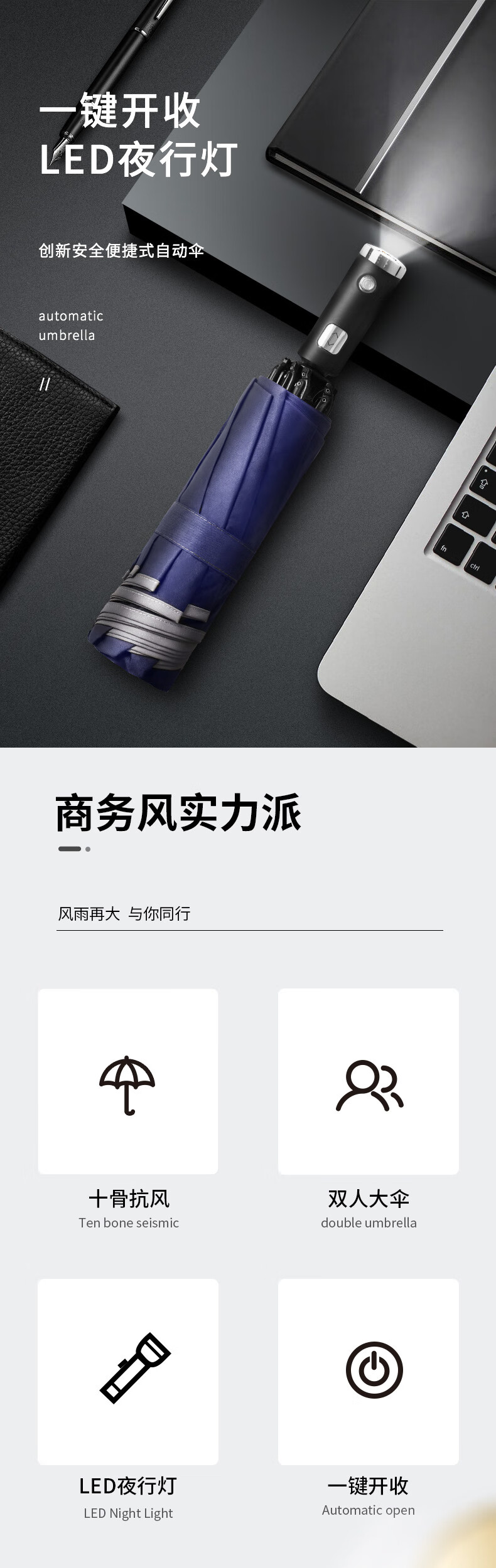 天堂伞 反向车用全自动自开收缩加固三折叠双人大号晴雨伞带电筒 光线2231140E墨绿