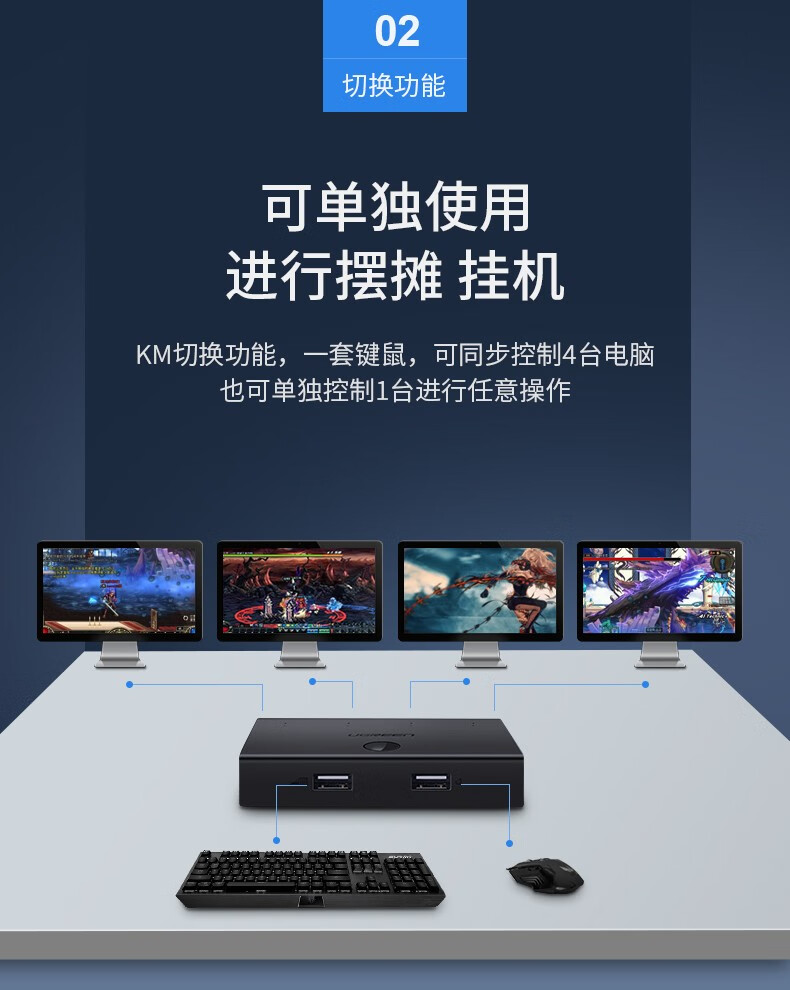 绿联 60102 8口同步控制器4多开 一套键盘鼠标控制多台电脑主机共享kvm切换器 1进8出 CM229