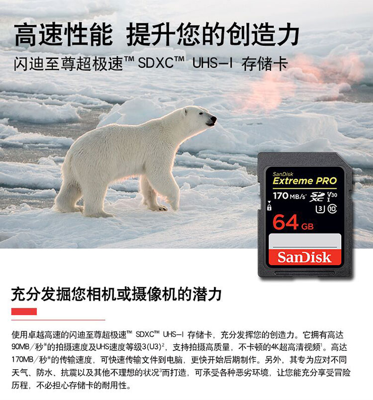 闪迪（SanDisk）SDSDXXY-064G-ZN4IN 存储卡 至尊超极速版内存卡 读速170MB/s 写速90MB/s 捕捉4K超高清