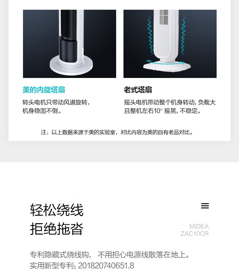 美的（Midea）电风扇无叶 内旋 摇头 塔扇 立式遥控 全拆洗卧室客厅办公室触摸屏柔风（线下同款）ZAC10CR