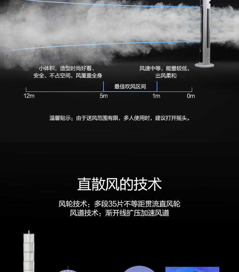 美的（Midea）电风扇无叶 内旋 摇头 塔扇 立式遥控 全拆洗卧室客厅办公室触摸屏柔风（线下同款）ZAC10CR