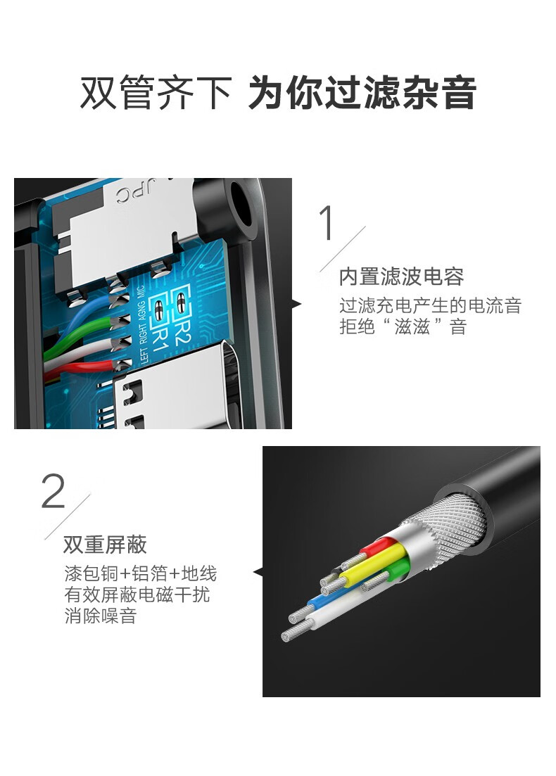 绿联 Type-C耳机转接头3.5mm音频口转接线 转换器  Type-C转3.5mm音频+Type-C母经典款50596