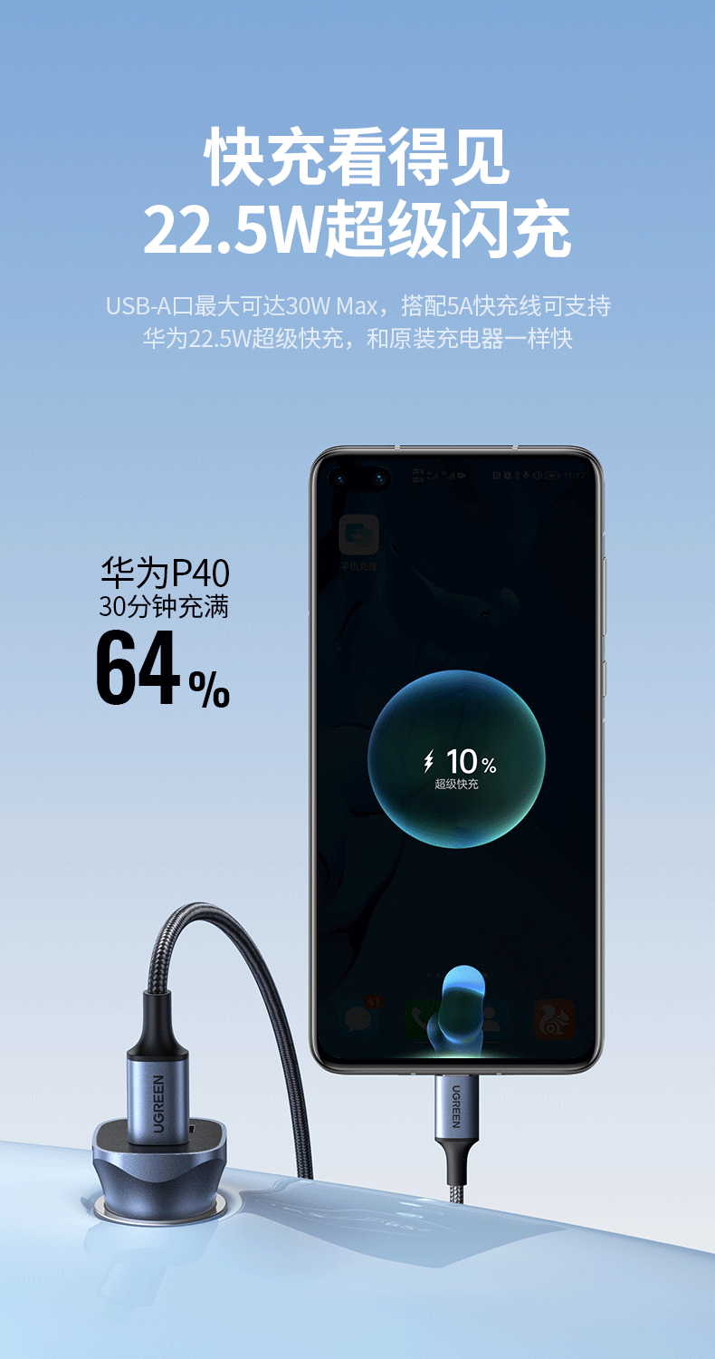 绿联 车载充电器 苹果PD30W快充头一拖二汽车点烟器充电器车载USB转换器 支持iPhone13/12华为小米车充 40858