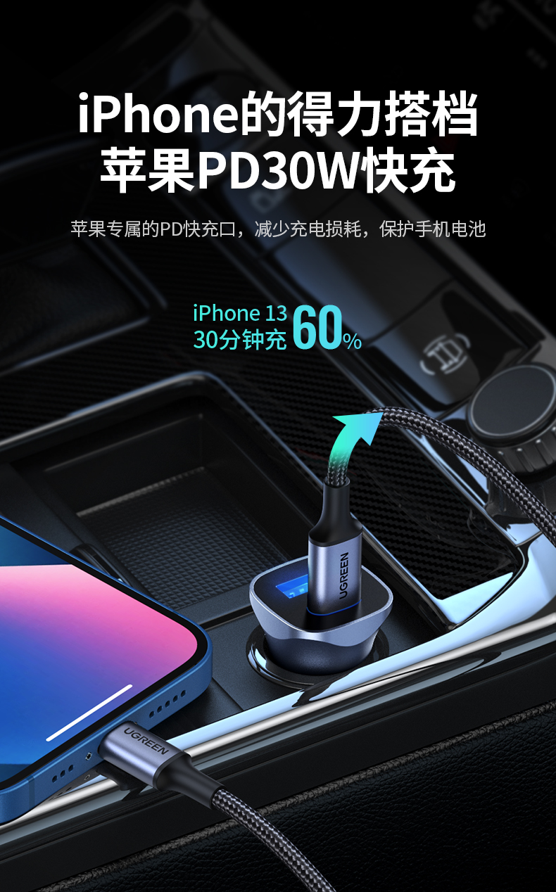 绿联 车载充电器 苹果PD30W快充头一拖二汽车点烟器充电器车载USB转换器 支持iPhone13/12华为小米车充 40858