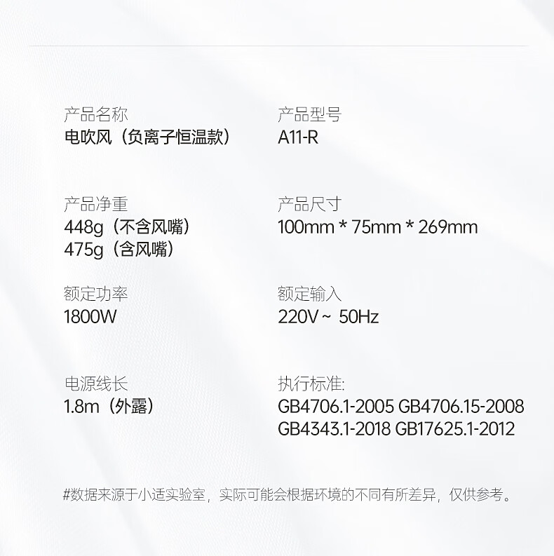 小适（showsee）电吹风机1800w大功率大风量家用便携短风筒恒温A11-R