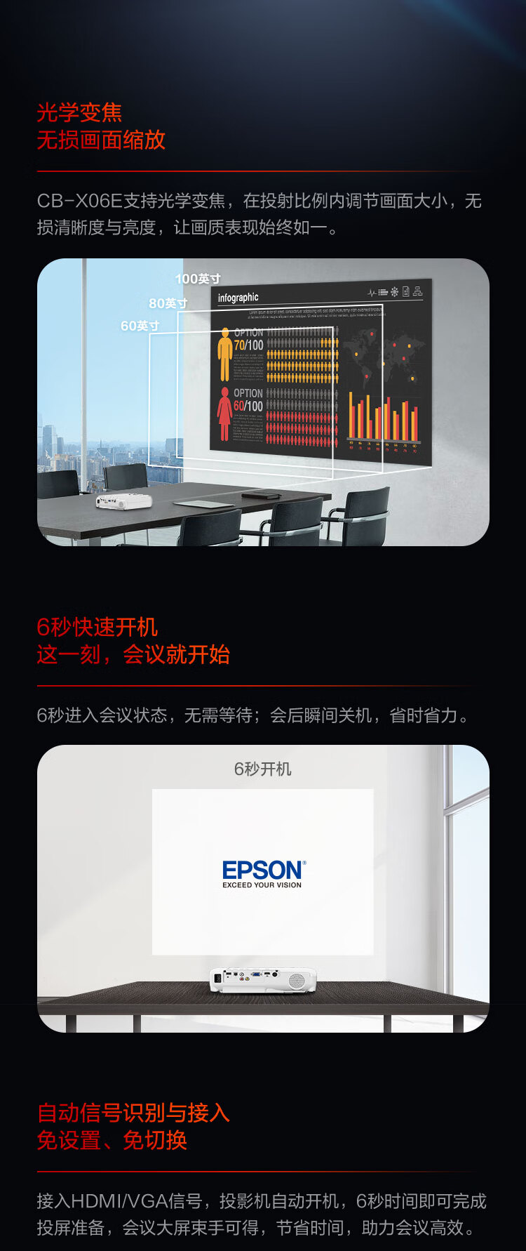爱普生（EPSON）CB-X06 投影仪 标清XGA 3600流明 光学变焦 支持侧投