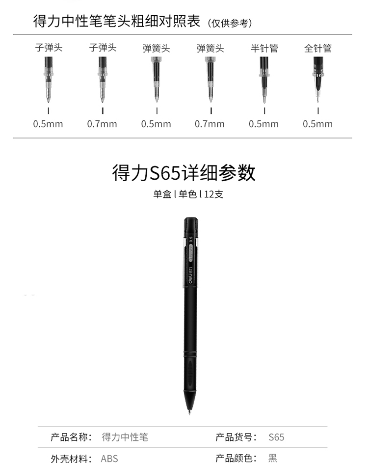 得力（deli）黑色中性笔0.5mm水笔签字笔 办公用品 子弹头磨砂杆12支/盒 2盒装 S65