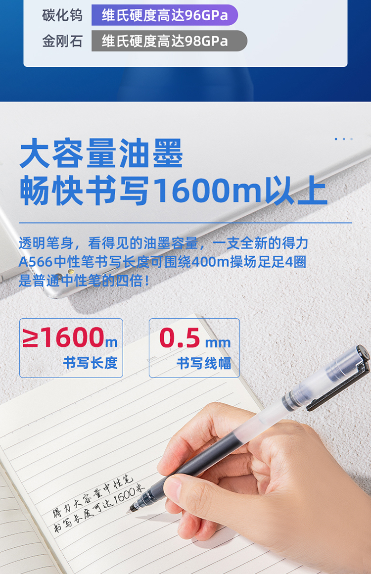 得力（deli）大容量中性笔4倍书写 大容量签字笔 0.5mm子弹头12支/盒 A566 黑 3盒装