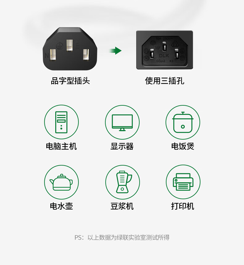 绿联（UGREEN）电脑主机电源线  国标三孔品字尾通用 黑0.5米 CD133 30763 三条装