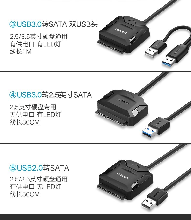 绿联USB3.0转SATA转换器 笔记本电脑2.5/3.5英寸硬盘连接器数据转接线易驱线 USB3.0转SATA 极速款 20231