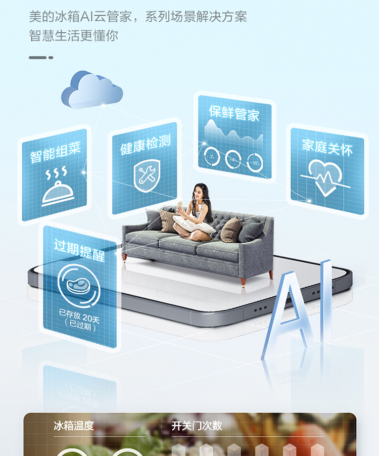 美的(Midea)215升变频一级能效三门家用冰箱风冷无霜小冰箱BCD-215WTPZM(E)中门智能家电
