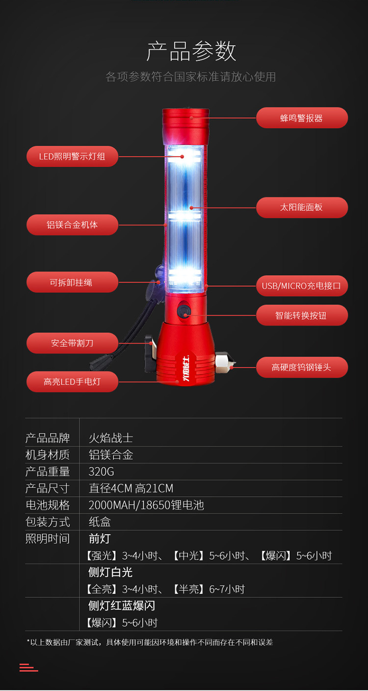 火焰战士 安全锤10合1版救生破窗锤 报警多功能车载安全锤强光手电筒 车用消防逃生车载应急救援工具 红色