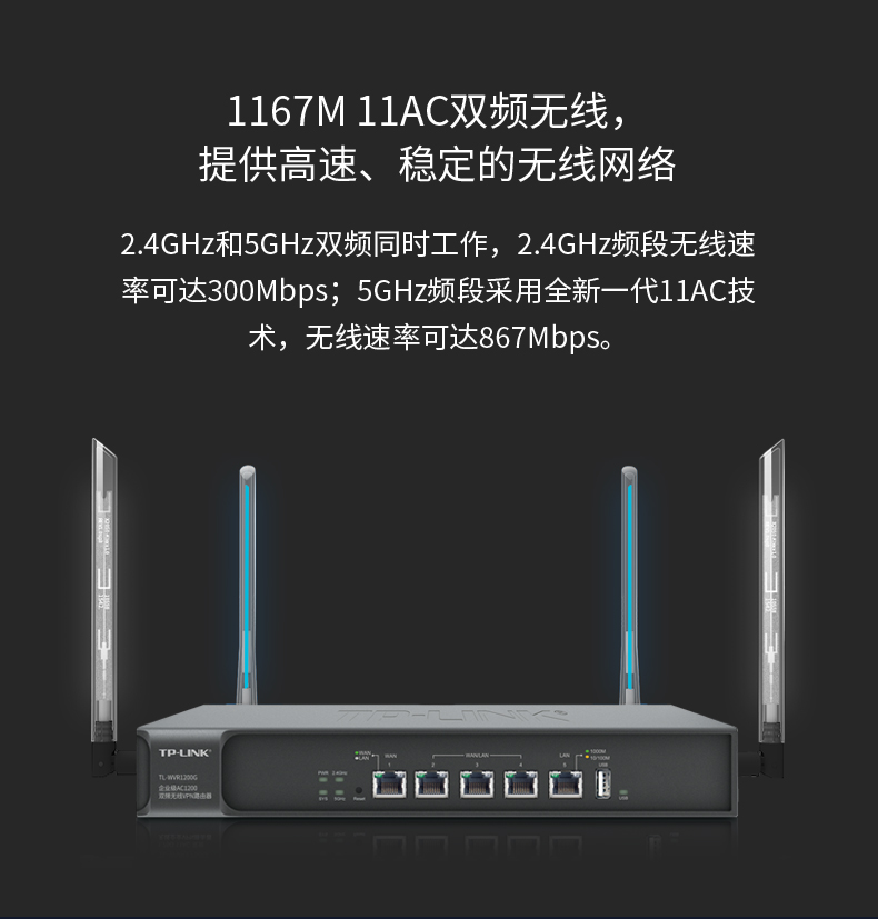 TP-LINK 普联1200M 5G双频无线企业级路由器WDR7660 wifi穿墙/VPN/千兆端口/AC管理 TL-WVR1200G