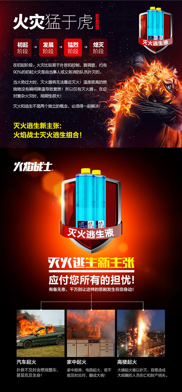 火焰战士 水基型灭火防火逃生液逃生瓶车载家庭厨房大货车用便携小型消防器材680ml MFJ-SKJ