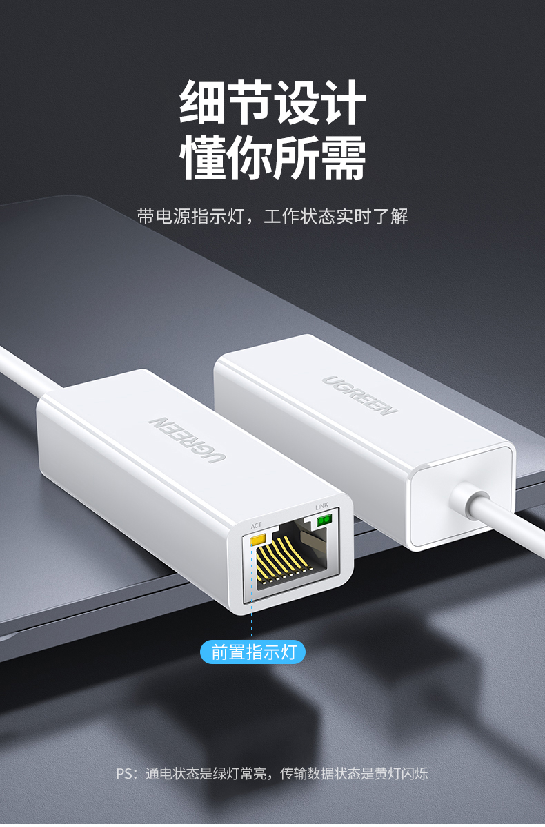 绿联（UGREEN）USB2.0转百兆有线网卡 RJ45网线接口转换器 电脑外置网口 白色 CR110 20253